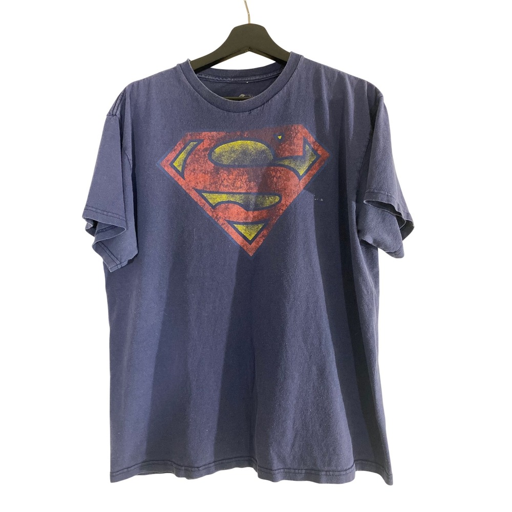 Superman Graphic T-Shirt Mens L Blue Good Distressed Shield Logo DC Comics